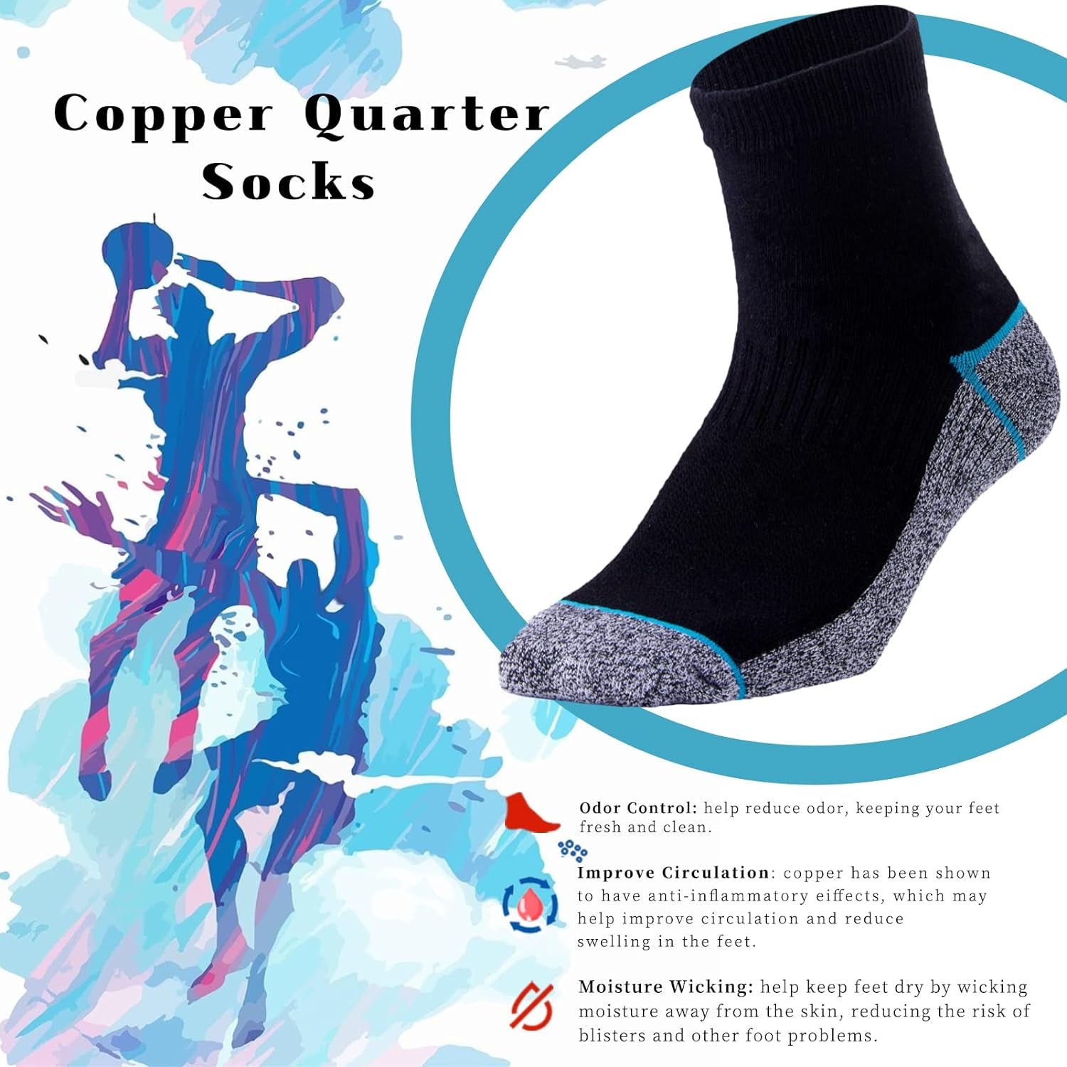 Copper Infused Quarter Socks Improve Foot Health Odor Control with Moisture Wicking Durable Comfortable Fit (4/5 Pairs)